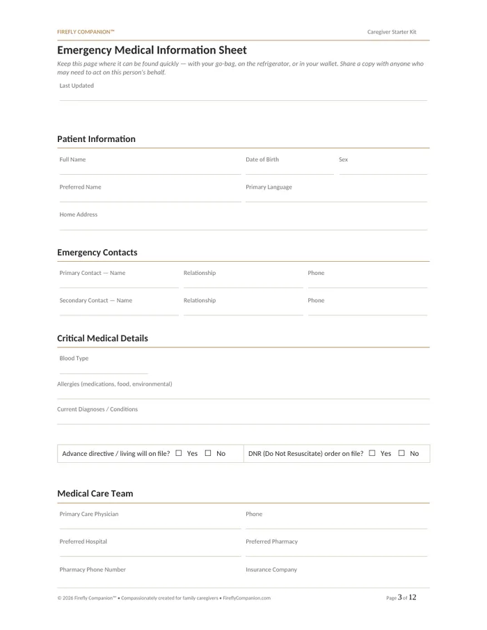 Emergency Medical Information Sheet — a page from the Caregiver Starter Kit