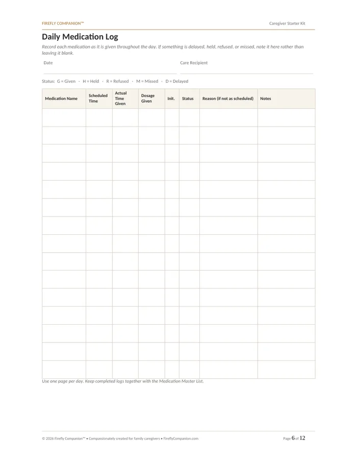 Daily Medication Log — a page from the Caregiver Starter Kit