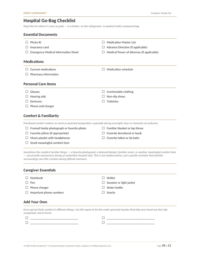 Hospital Go-Bag Checklist — a page from the Caregiver Starter Kit