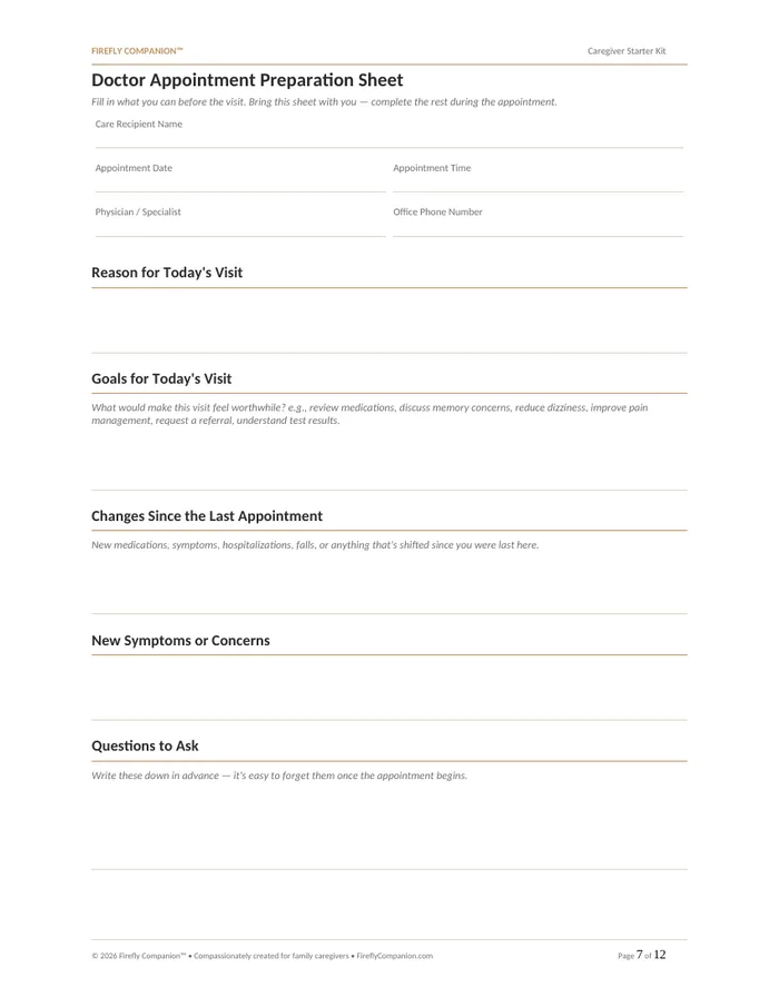 Doctor Appointment Prep Sheet — a page from the Caregiver Starter Kit